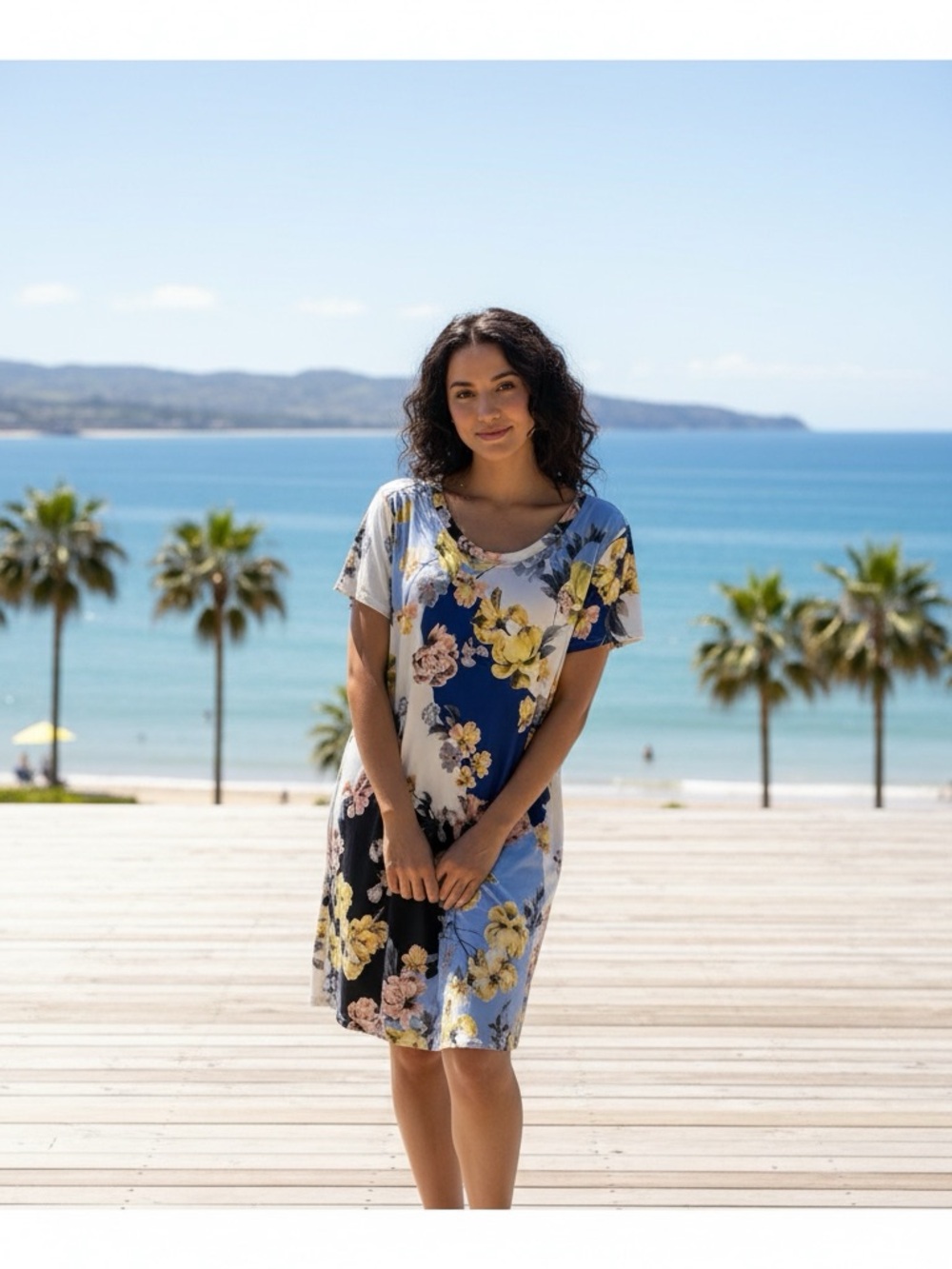 Colorful Floral Short Sleeve Dress - Blue, Yellow, and Cream, Flowy Size Small
